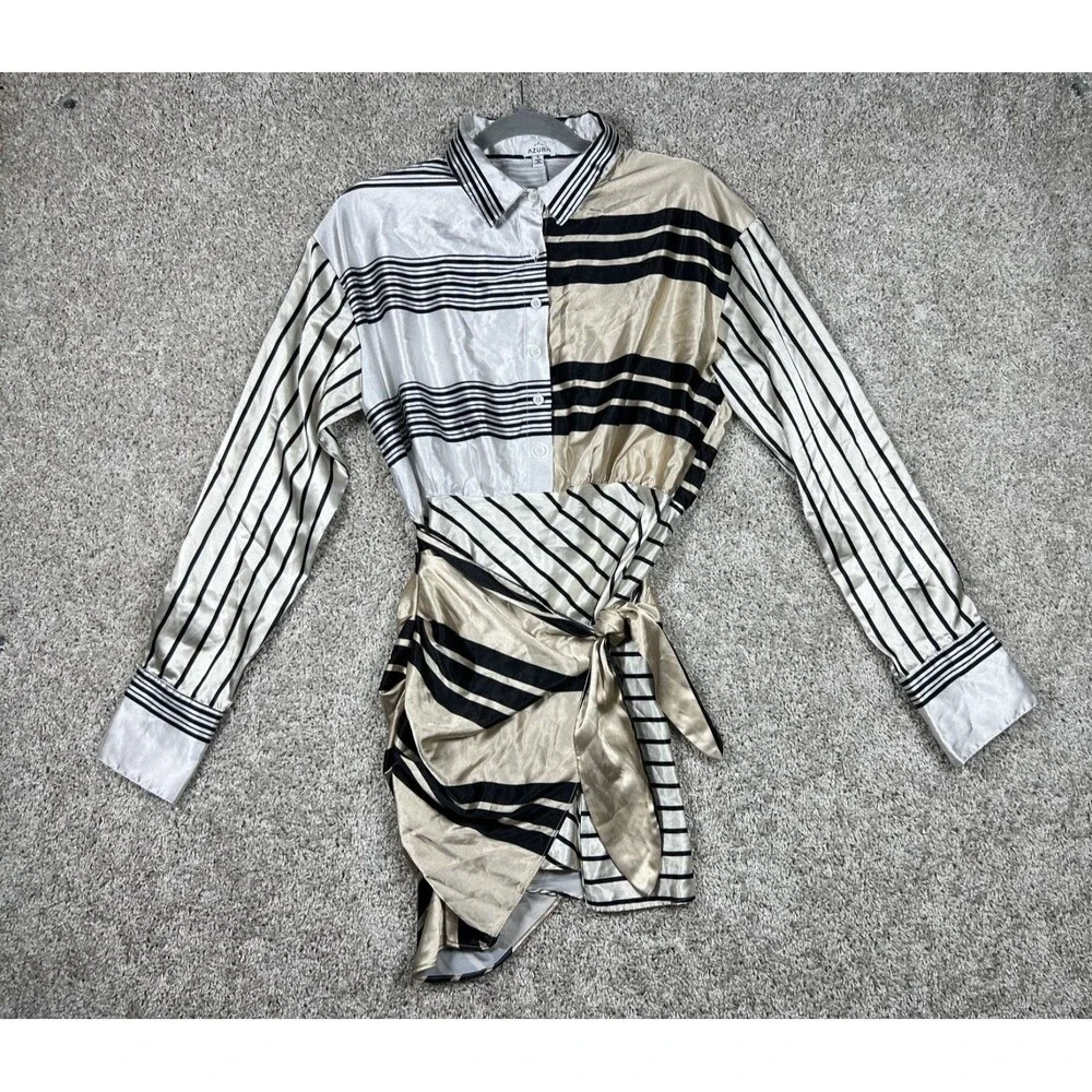 Azura Satin Stripe Wrap Shirt Dress S Tie Front Y2K Mini Statement - Picture 1 of 10